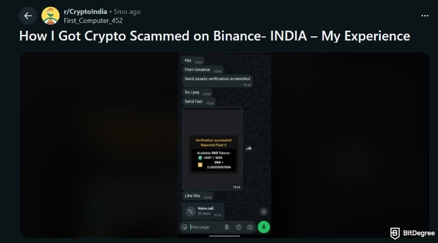 How to withdraw money from Binance in India: Reddit post where a user explains how they got scammed after trusting unusually high INR rates.
