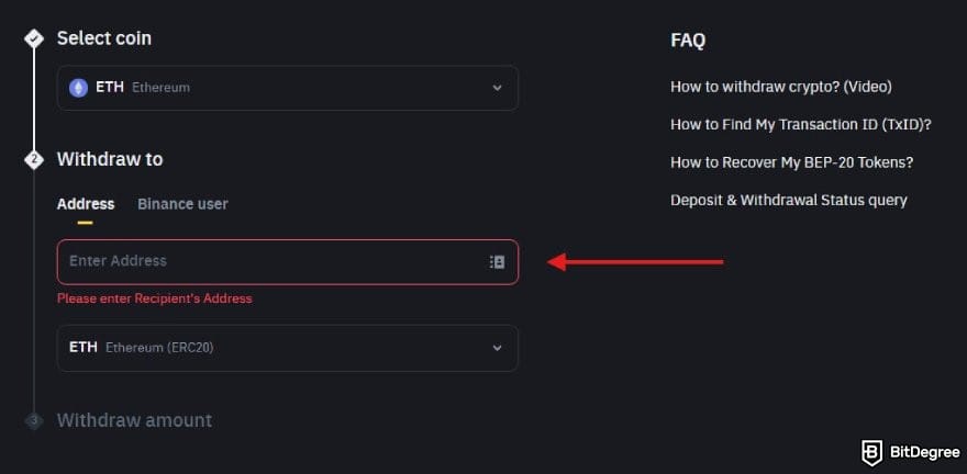 How to withdraw money from Binance: the coin transfer form on Binance.
