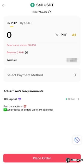 How to withdraw money from Binance Philippines: Binance's purchasing form.