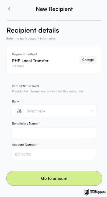 How to withdraw money from Binance Philippines: Ogvio's transfer form, showing fields for selecting a bank and entering a name and account number.