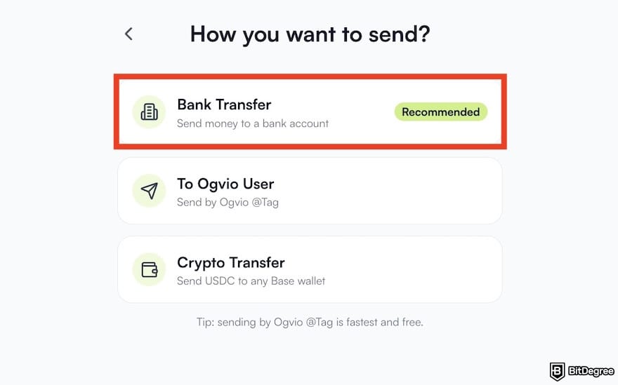 How to withdraw money from Binance Philippines: the [Bank Transfer] menu on Ogvio outlined.