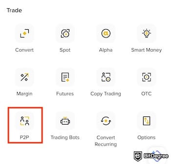 How to withdraw money from Binance Philippines: the Binance P2P menu on the Binance app.
