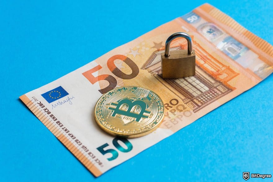 How to withdraw money from Binance: 50 EUR bill a BTC coin and a padlock on a blue surface.