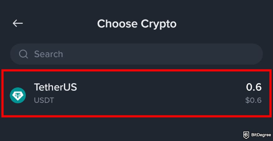 How to withdraw money from Binance: the crypto selection on Binance app with USDT highlighted.