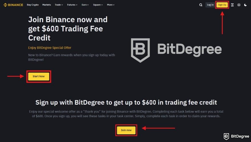 How to withdraw money from Binance: the BitDegree affiliate landing page on Binance.
