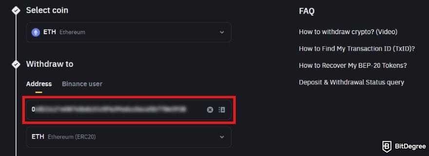 How to withdraw money from Binance: the ETH coin transfer form on Binance with the recipient address highlighted.