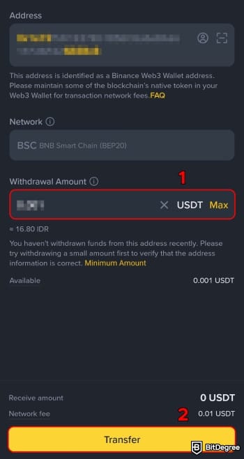 How to withdraw money from Binance Wallet: type in the amount and complete the transfer.