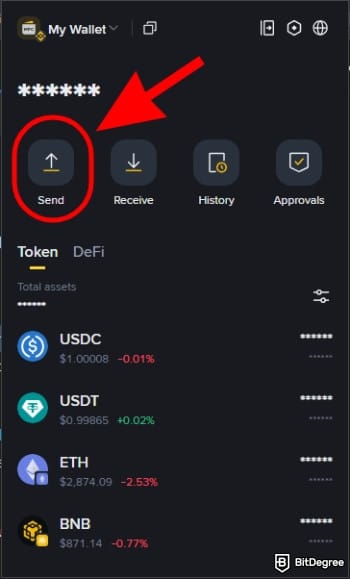 How to withdraw money from Binance Wallet: select the [Send] option.