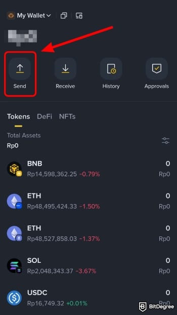 How to withdraw money from Binance Wallet: tap on the [Send] button.