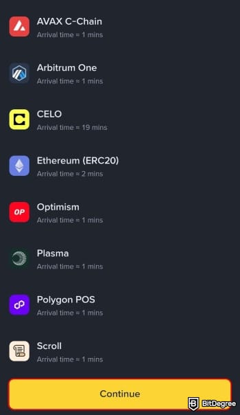 How to withdraw money from Binance Wallet: select the network from the list.