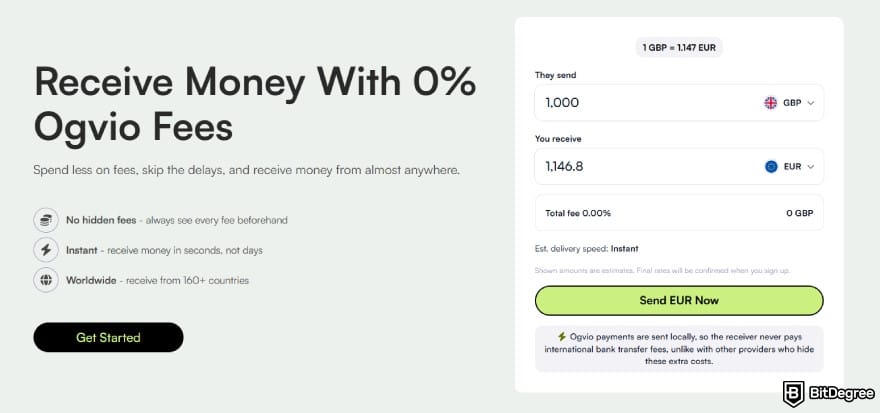 How to withdraw money from Binance Wallet: Ogvio interface showing a money receive screen with 0% fees.
