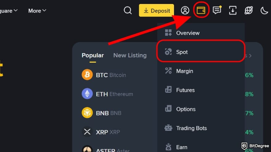 How to withdraw money from Binance Wallet: open Binance Spot.