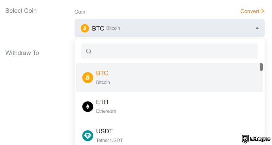 How to withdraw money from Bybit: selecting a coin to withdraw.