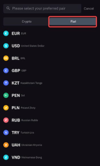 How to withdraw money from Bybit: the fiat selections on Bybit app.