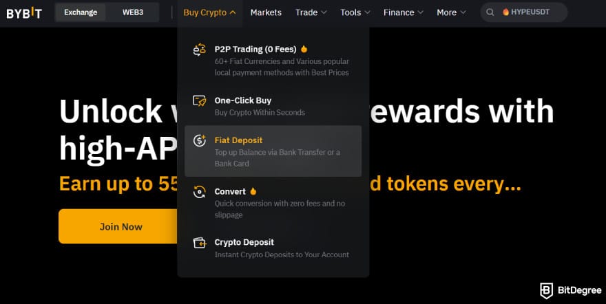 How to withdraw money from Bybit: the [Fiat Deposit] menu under [Buy Crypto].