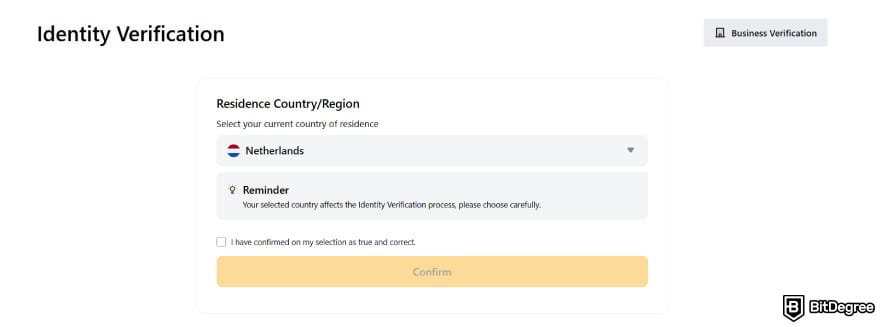 How to withdraw money from Bybit: selecting residence country or region.