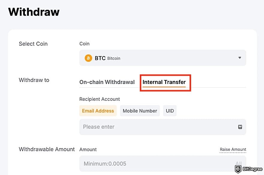 How to withdraw money from Bybit in Nigeria: the [Internal Transfer] tab on Bybit's withdrawal page.