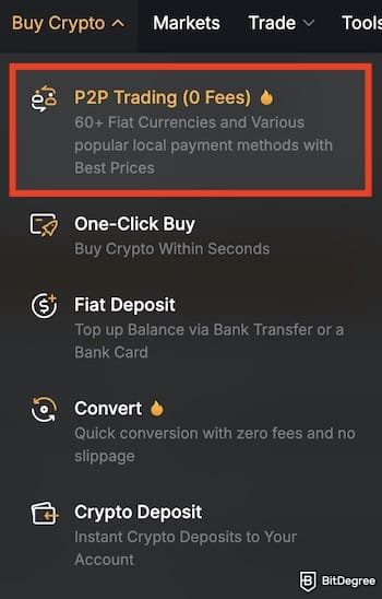 How to withdraw money from Bybit in Nigeria: the P2P trading menu on Bybit.