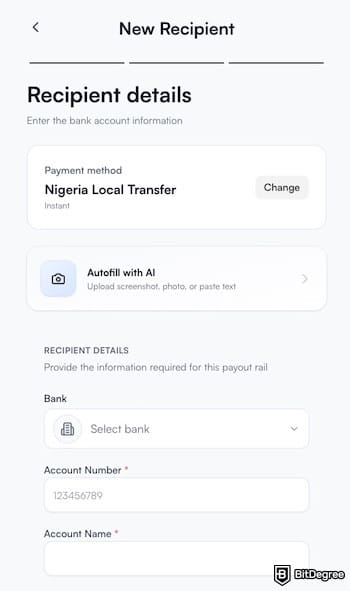 How to withdraw money from Bybit in Nigeria: entering details for a Nigerian recipient.