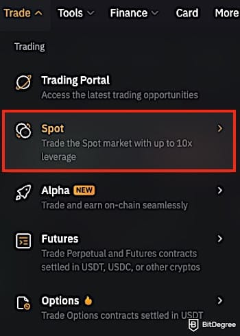 How to withdraw money from Bybit in Nigeria: the [Spot] menu on Bybit outlined.