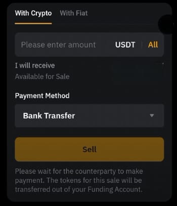 How to withdraw money from Bybit: configuring the amount to withdraw and the payment method on Bybit app's P2P.