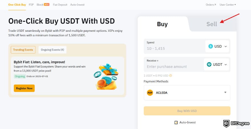 How to withdraw money from Bybit: the [Sell] tab on One-Click Buy.