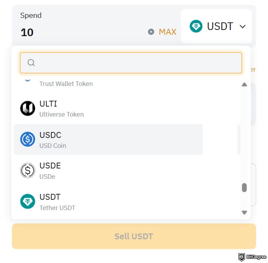 How to withdraw money from Bybit: selecting an asset to withdraw.