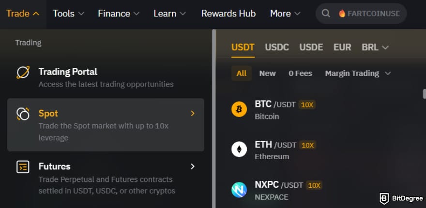 How to withdraw money from Bybit: the [Spot] menu under [Trade].