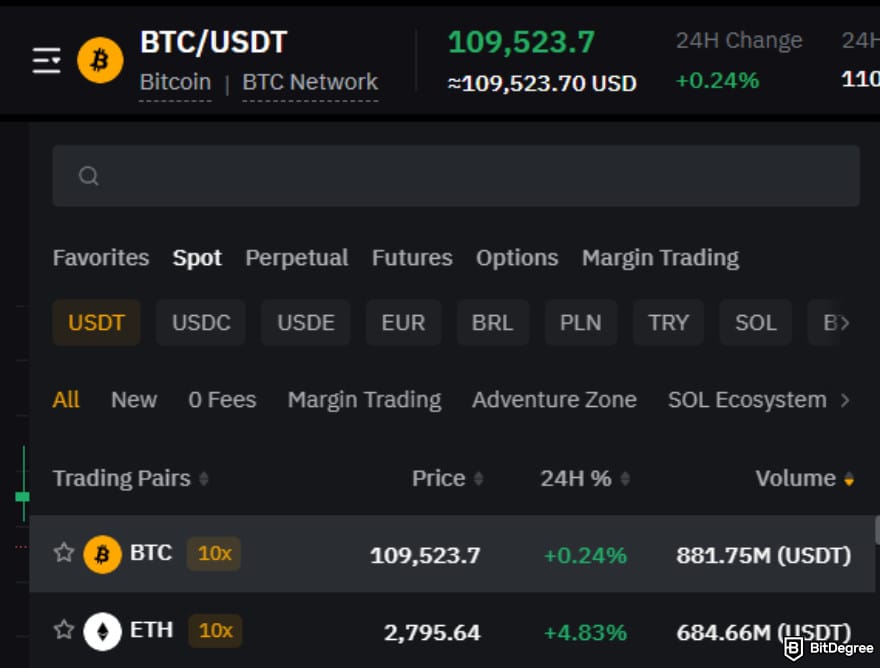 How to withdraw money from Bybit: selecting trading pairs on the spot market.