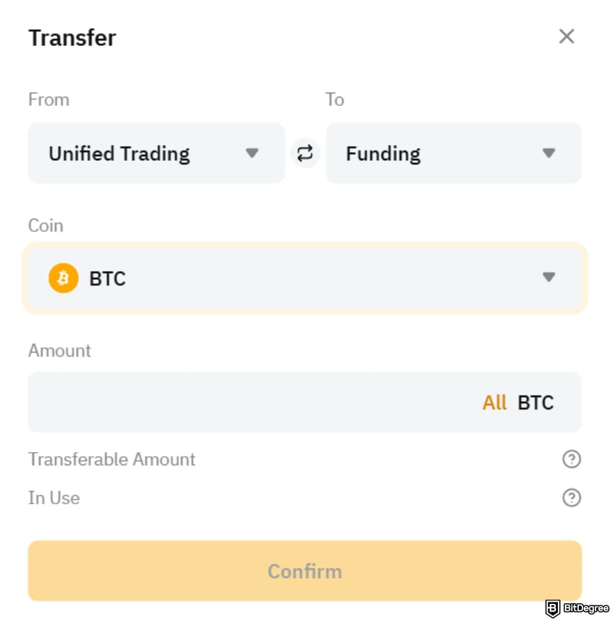 How to withdraw money from Bybit: transferring assets from UTA to Funding Account.