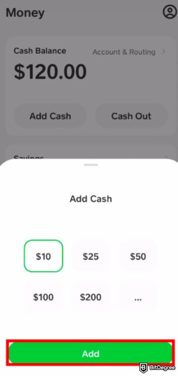 How to withdraw money from Cash App: adding cash with the [Add] button highlighted on Cash App.