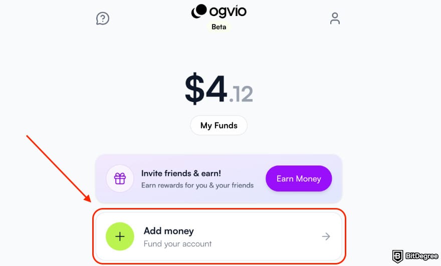 How to withdraw money from checking account: Ogvio main page highlighting the [Add Money] button.