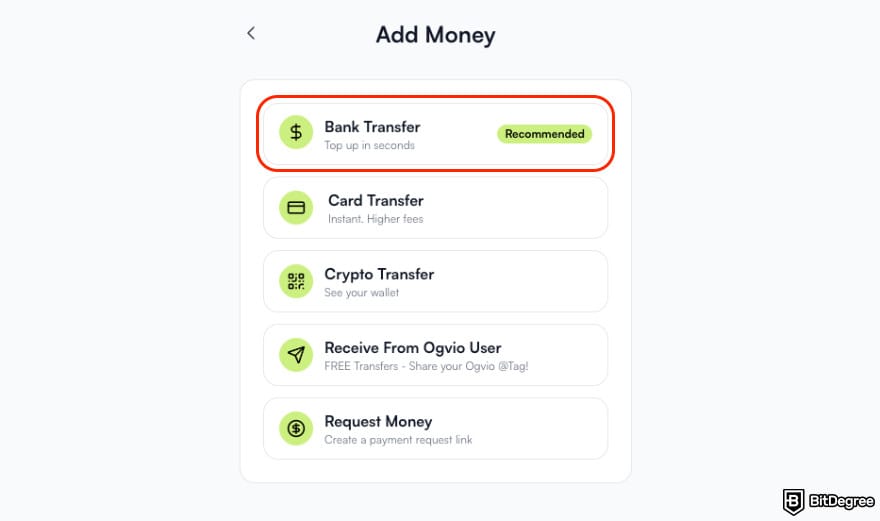 How to withdraw money from checking account: Ogvio add money page highlighting the [Bank Transfer] option.