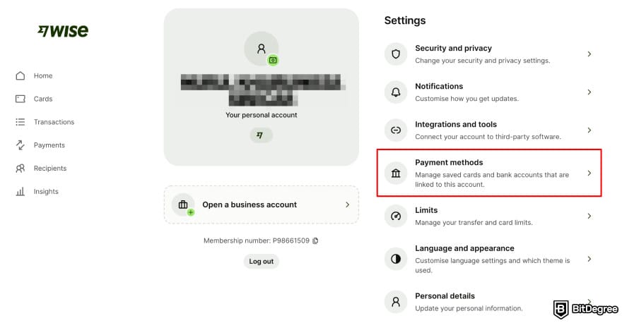 How to withdraw money from checking account: Wise profile settings page highlighting the payment methods page. How to withdraw money from checking account: Wise profile settings page highlighting the payment methods page.