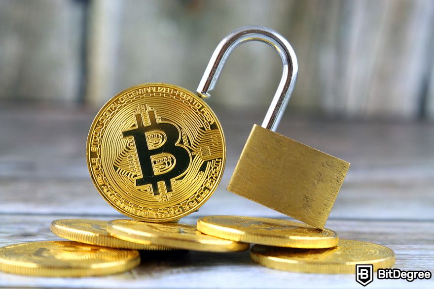 How to withdraw money from Crypto.com: A stack of Bitcoin tokens and a padlock.