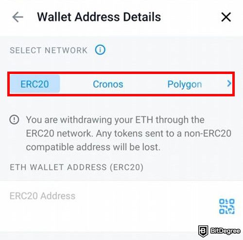 How to withdraw money from Crypto.com: Choosing a crypto network for a new wallet.