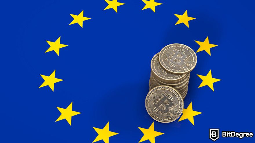 How to withdraw money from Crypto.com: A stack of Bitcoin tokens on a EU flag.
