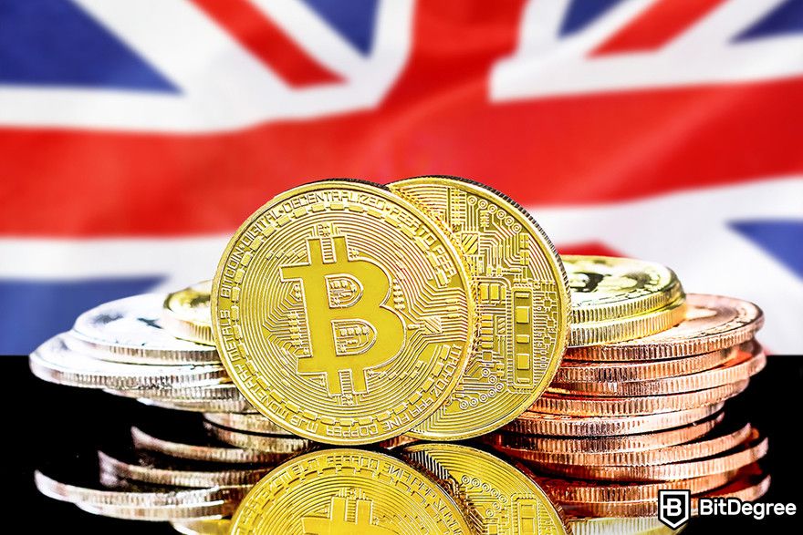 How to withdraw money from Crypto.com: A stack of Bitcoin tokens in front of the Union Jack.