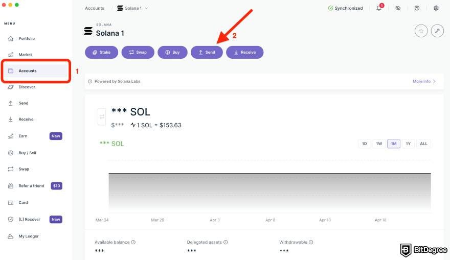 How to withdraw money from DeFi wallet: the Accounts tab and the Send button.