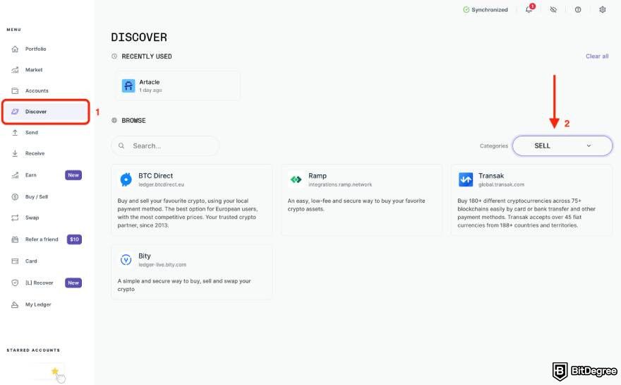How to withdraw from DeFi wallet: the Discover tab and the Sell button on Ledger Live.