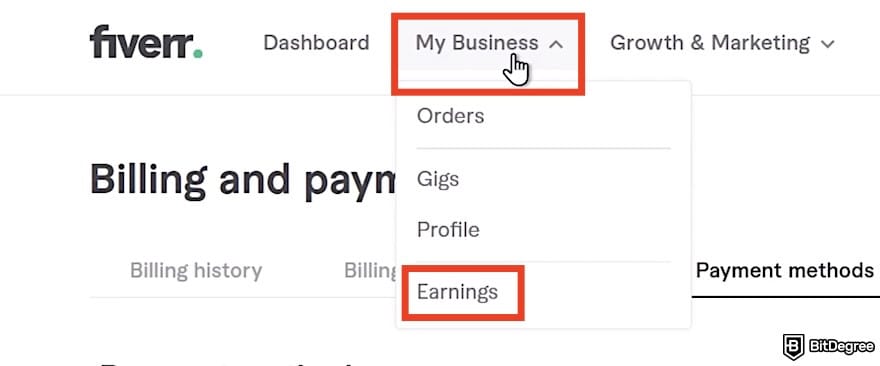How to withdraw money from Fiverr: the [My Business] and [Earnings] options on Fiverr outlined.