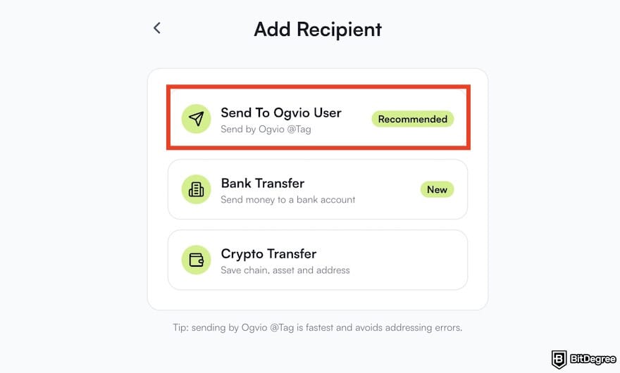 How to withdraw money from Fiverr: the [Send To Ogvio User] option on Ogvio outlined.