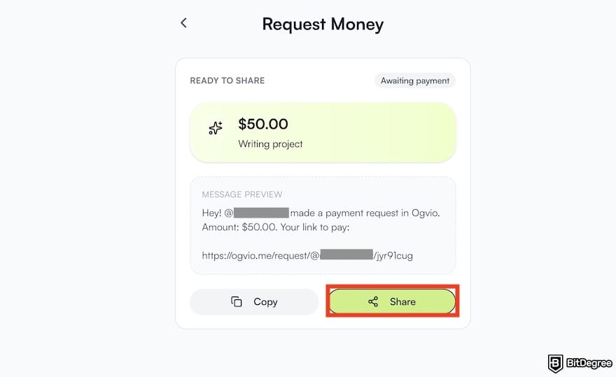How to withdraw money from Fiverr: the [Share] button on Ogvio's payment link generator page.