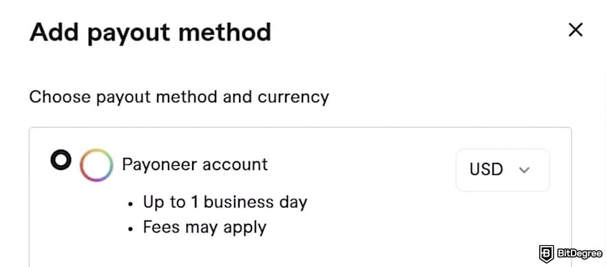 How to withdraw money from Fiverr: the [Payoneer] option selected from the payout method list.