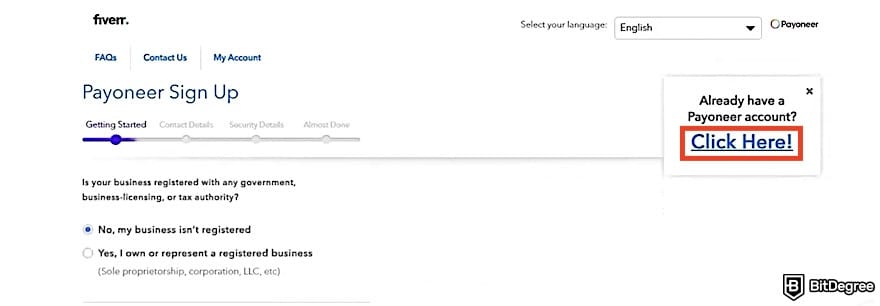How to withdraw money from Fiverr: Payoneer setup, with a [Click Here] link highlighted for users who already have a Payoneer account.