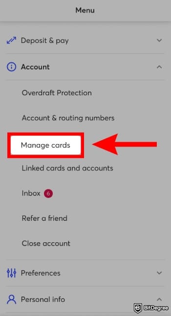 How to withdraw money from GO2bank without card: tap on [Manage Cards].