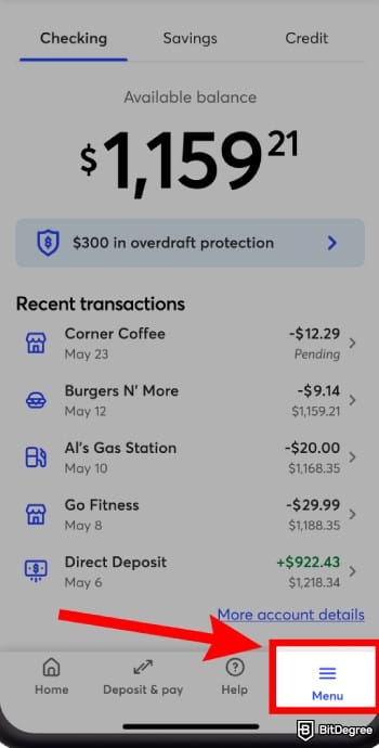 How to withdraw money from GO2bank without card: navigate to [Menu].