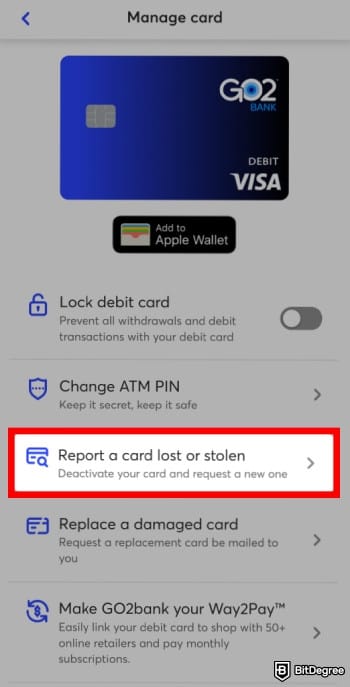 How to withdraw money from GO2bank without card: report your card as lost or stolen.