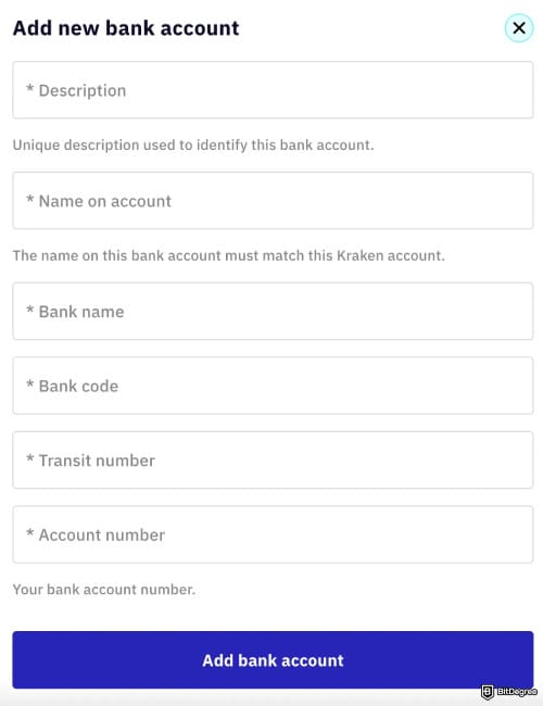 How to withdraw money from Kraken: Add new bank account page.