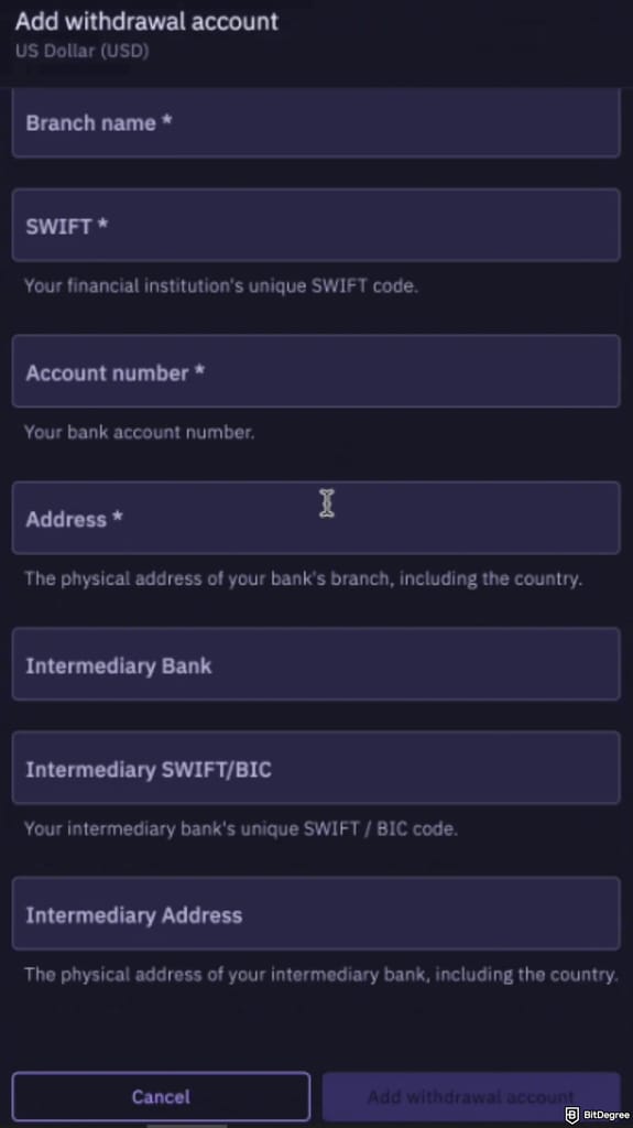 How to withdraw money from Kraken: Add withdrawal account page.